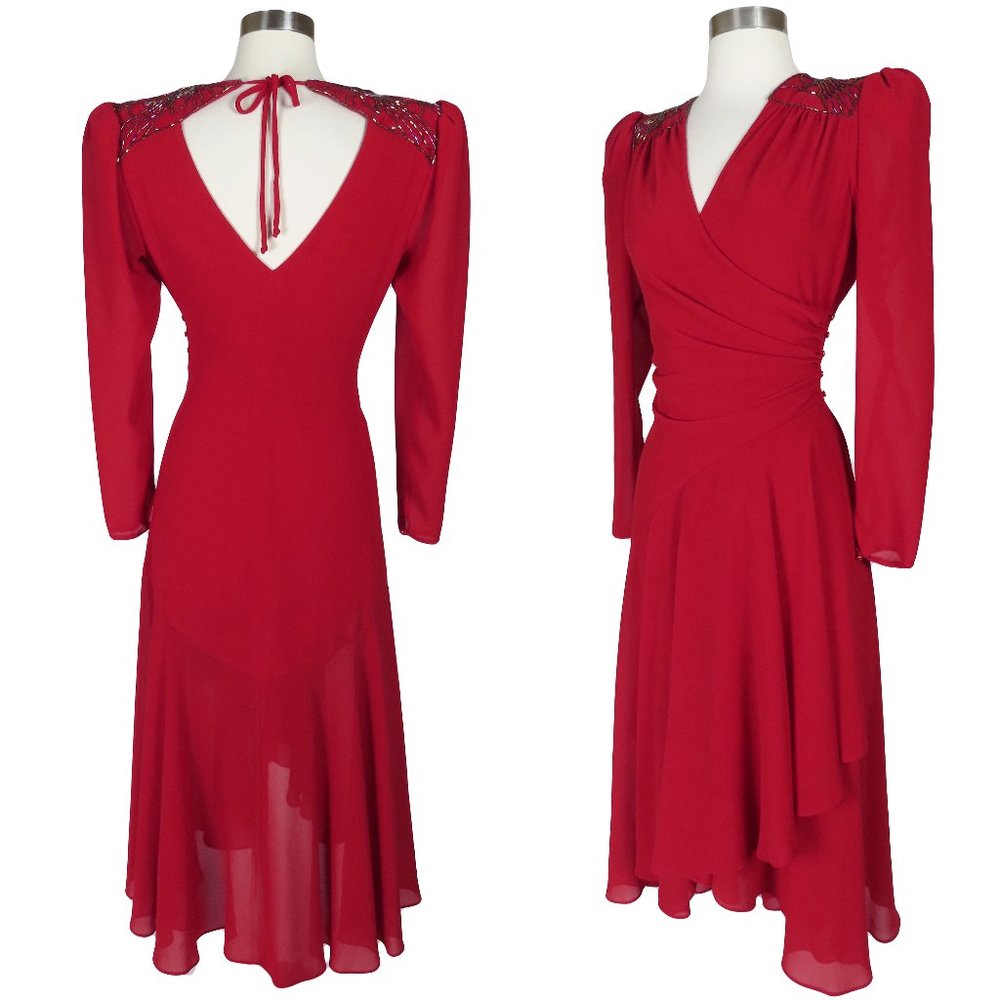 Vintage 80s 40s Red Wrap Beaded Sequin Long Sleeve Draped Prom Party Dress S